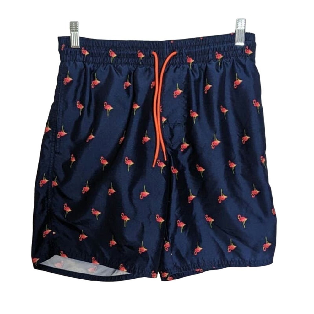 Old Navy Swim Trunks Beach Shorts Blue Pink Flamingo Print Size Small Drawstring
